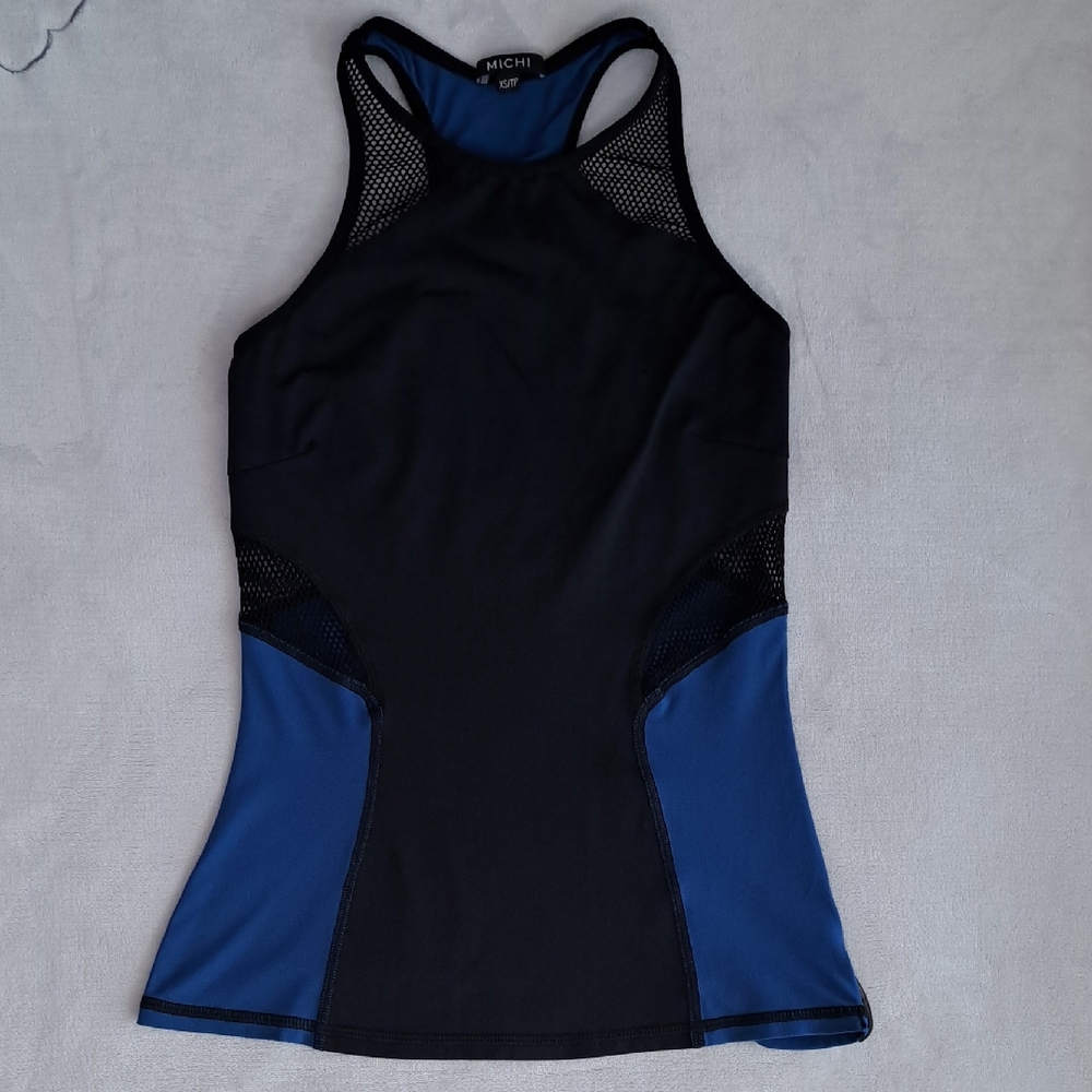 MICHI XS Blue Black Mesh Stretch Sleeveless Racerback Activewear Yoga Tank Top - Picture 2 of 15